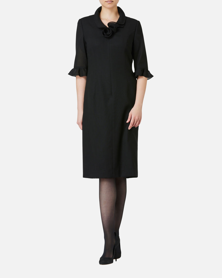프릴 컬러 슬리브 블랙 원피스 / Black Dress with Frill on Collar and Sleeve Hem