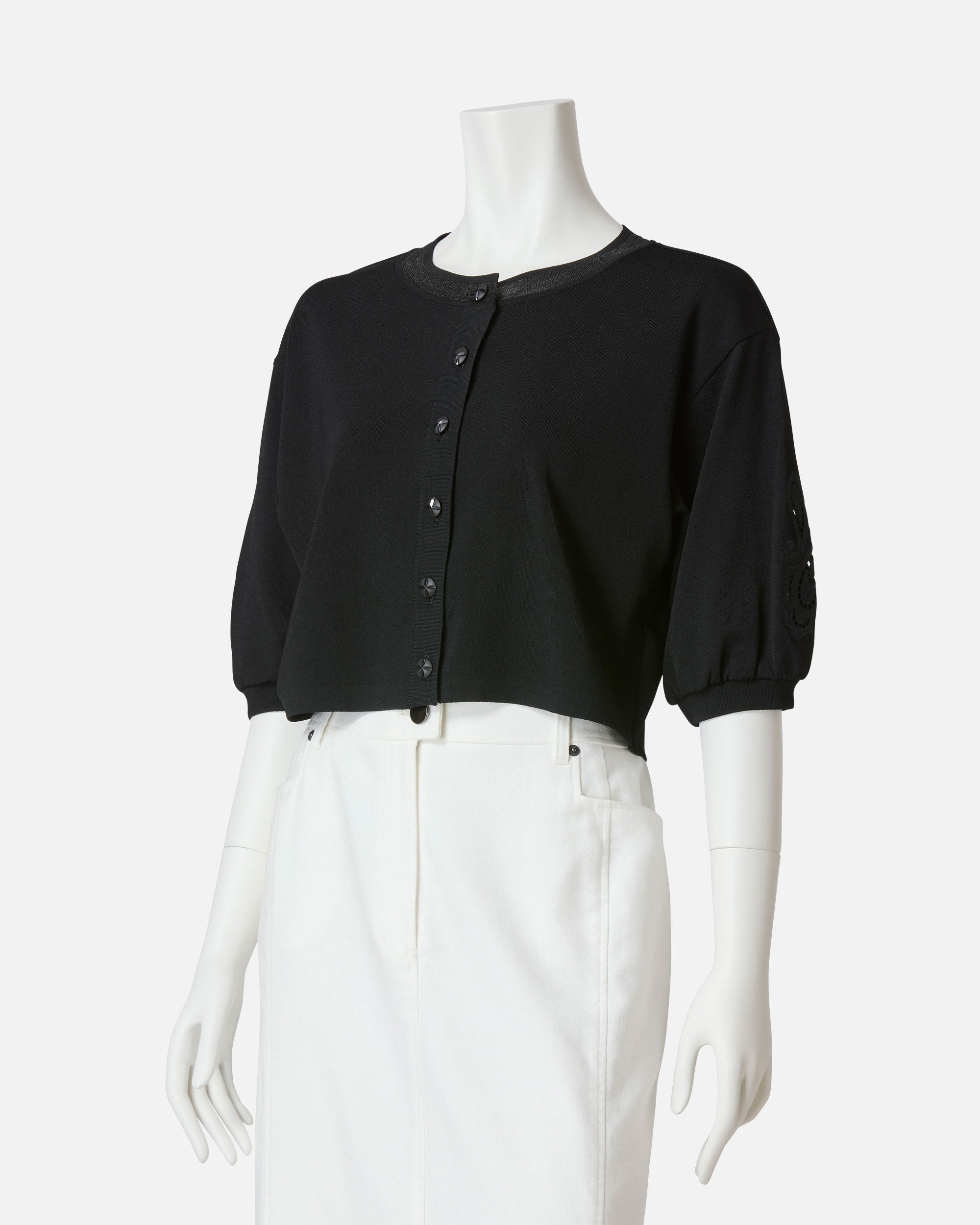 컷 자수 퍼프 슬리브 니트 가디건 / Cutwork Embroidered Puff Sleeve Knit Cardigan